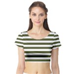 Horizontal Stripes - White and Army Green Short Sleeve Crop Top (Tight Fit)