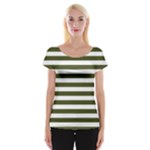 Horizontal Stripes - White and Army Green Women s Cap Sleeve Top