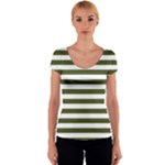 Horizontal Stripes - White and Army Green Women s V-Neck Cap Sleeve Top