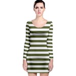 Horizontal Stripes - White and Army Green Long Sleeve Bodycon Dress