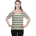 Horizontal Stripes - White and Army Green Women s Cutout Shoulder Tee