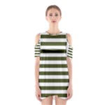 Horizontal Stripes - White and Army Green Women s Cutout Shoulder Dress