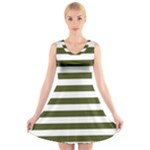 Horizontal Stripes - White and Army Green V-Neck Sleeveless Dress