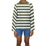 Horizontal Stripes - White and Army Green Kid s Long Sleeve Swimwear