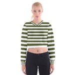 Horizontal Stripes - White and Army Green Women s Cropped Sweatshirt