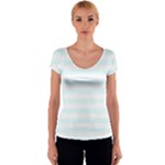 Horizontal Stripes - White and Bubbles Cyan Women s V-Neck Cap Sleeve Top