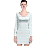 Horizontal Stripes - White and Bubbles Cyan Long Sleeve Velvet Bodycon Dress