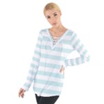 Horizontal Stripes - White and Light Cyan Women s Tie Up Tee