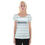 Horizontal Stripes - White and Light Cyan Women s Cap Sleeve Top