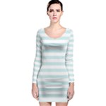 Horizontal Stripes - White and Light Cyan Long Sleeve Bodycon Dress
