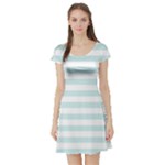 Horizontal Stripes - White and Light Cyan Short Sleeve Skater Dress