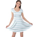 Horizontal Stripes - White and Light Cyan Cap Sleeve Dress