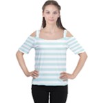 Horizontal Stripes - White and Light Cyan Women s Cutout Shoulder Tee