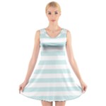 Horizontal Stripes - White and Light Cyan V-Neck Sleeveless Dress