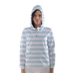 Horizontal Stripes - White and Light Cyan Hooded Wind Breaker (Women)