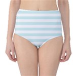 Horizontal Stripes - White and Light Cyan High-Waist Bikini Bottoms