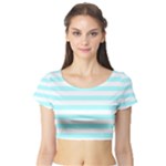 Horizontal Stripes - White and Celeste Cyan Short Sleeve Crop Top (Tight Fit)