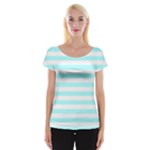 Horizontal Stripes - White and Celeste Cyan Women s Cap Sleeve Top