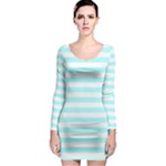 Horizontal Stripes - White and Celeste Cyan Long Sleeve Bodycon Dress