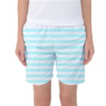 Horizontal Stripes - White and Celeste Cyan Women s Basketball Shorts