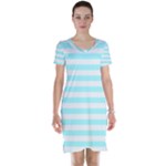 Horizontal Stripes - White and Celeste Cyan Short Sleeve Nightdress