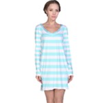 Horizontal Stripes - White and Celeste Cyan Long Sleeve Nightdress