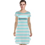 Horizontal Stripes - White and Celeste Cyan Cap Sleeve Nightdress