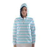 Horizontal Stripes - White and Celeste Cyan Hooded Wind Breaker (Women)