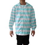 Horizontal Stripes - White and Celeste Cyan Hooded Wind Breaker (Kids)