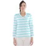 Horizontal Stripes - White and Celeste Cyan Wind Breaker (Women)