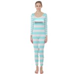 Horizontal Stripes - White and Celeste Cyan Long Sleeve Catsuit