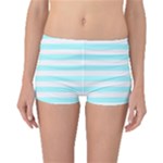 Horizontal Stripes - White and Celeste Cyan Boyleg Bikini Bottoms