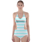 Horizontal Stripes - White and Celeste Cyan Cut-Out One Piece Swimsuit