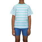 Horizontal Stripes - White and Celeste Cyan Kid s Short Sleeve Swimwear