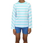 Horizontal Stripes - White and Celeste Cyan Kid s Long Sleeve Swimwear