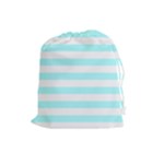 Horizontal Stripes - White and Celeste Cyan Drawstring Pouch (L)