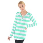 Horizontal Stripes - White and Aquamarine Women s Tie Up Tee