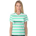 Horizontal Stripes - White and Aquamarine Women s V-Neck Sport Mesh Tee