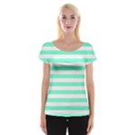 Horizontal Stripes - White and Aquamarine Women s Cap Sleeve Top