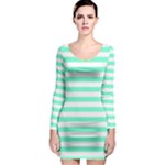Horizontal Stripes - White and Aquamarine Long Sleeve Bodycon Dress
