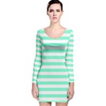 Horizontal Stripes - White and Aquamarine Long Sleeve Velvet Bodycon Dress