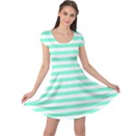 Horizontal Stripes - White and Aquamarine Cap Sleeve Dress