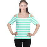 Horizontal Stripes - White and Aquamarine Women s Cutout Shoulder Tee