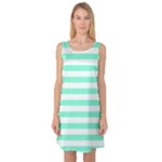 Horizontal Stripes - White and Aquamarine Sleeveless Satin Nightdress