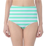 Horizontal Stripes - White and Aquamarine High-Waist Bikini Bottoms