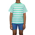 Horizontal Stripes - White and Aquamarine Kid s Short Sleeve Swimwear