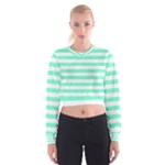 Horizontal Stripes - White and Aquamarine Women s Cropped Sweatshirt