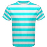 Horizontal Stripes - White and Aqua Cyan Men s Cotton Tee