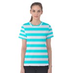 Horizontal Stripes - White and Aqua Cyan Women s Cotton Tee