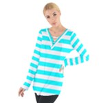 Horizontal Stripes - White and Aqua Cyan Women s Tie Up Tee